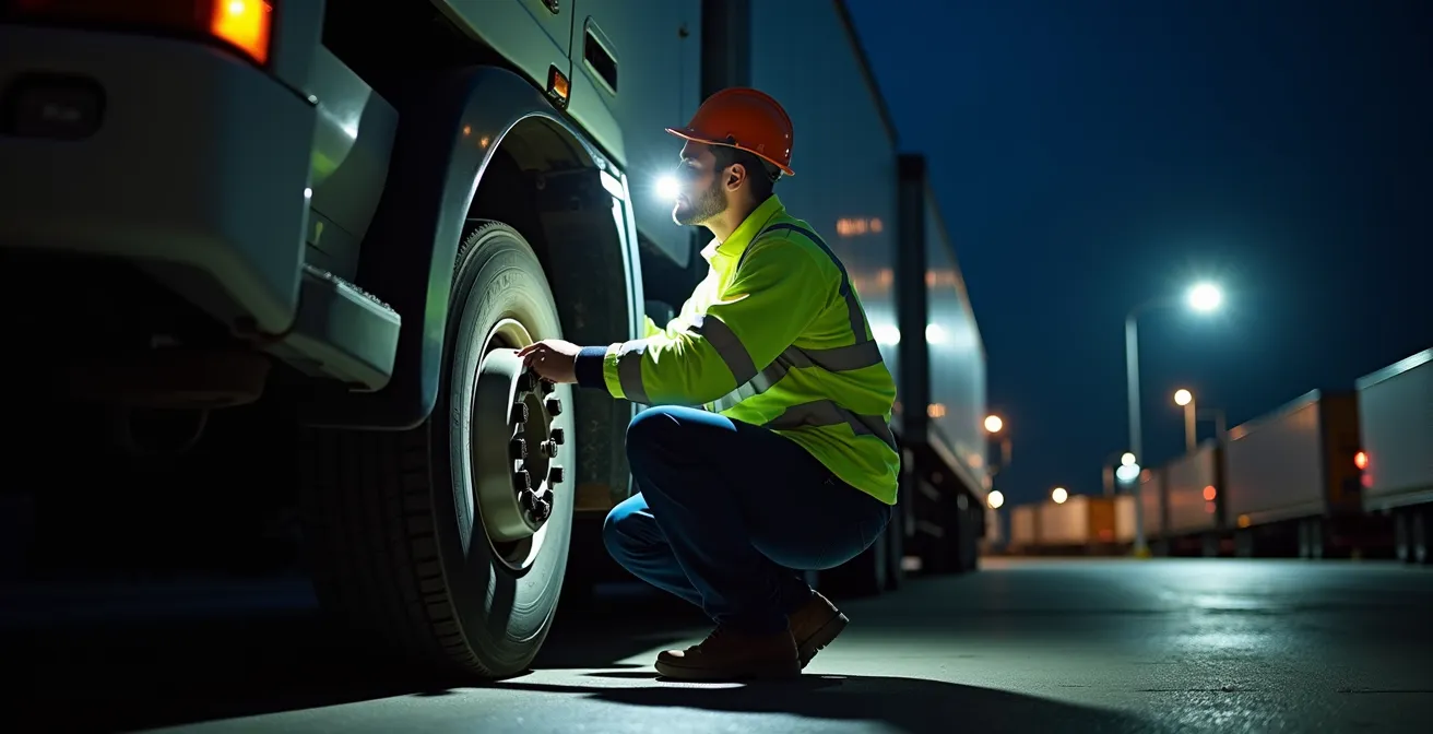 Mécanicien mobile travaillant sur un camion dans un parking de nuit éclairé