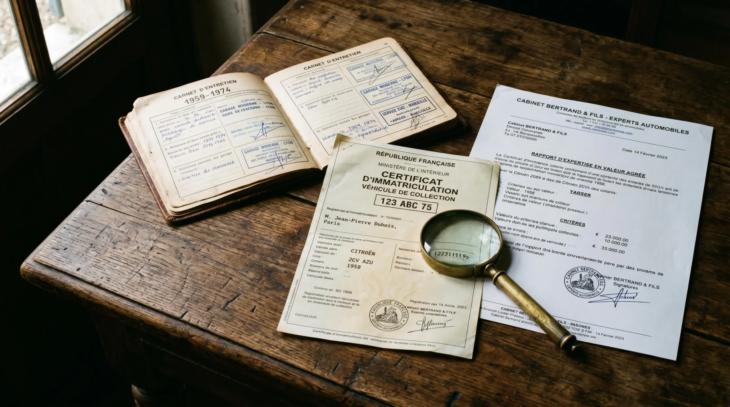 Vue rapprochée de documents officiels français disposés sur table en bois ancien : certificat d'immatriculation collection, carnet d'entretien vintage et expertise de valeur agréée, avec loupe en laiton