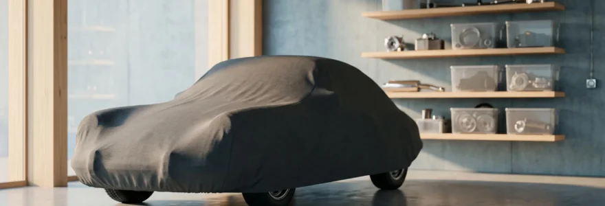 Intérieur épuré d'un garage privé contemporain avec véhicule sportif classique recouvert d'une housse de protection grise, baigné de lumière naturelle douce créant des ombres longues sur le sol en béton ciré