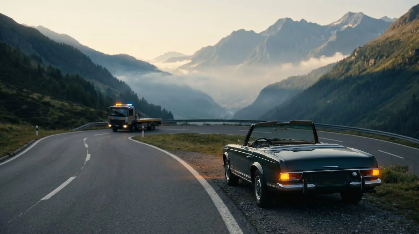 Route de montagne au lever du soleil avec véhicule cabriolet classique arrêté sur bas-côté et dépanneuse professionnelle approchant dans le virage, vallée brumeuse en arrière-plan