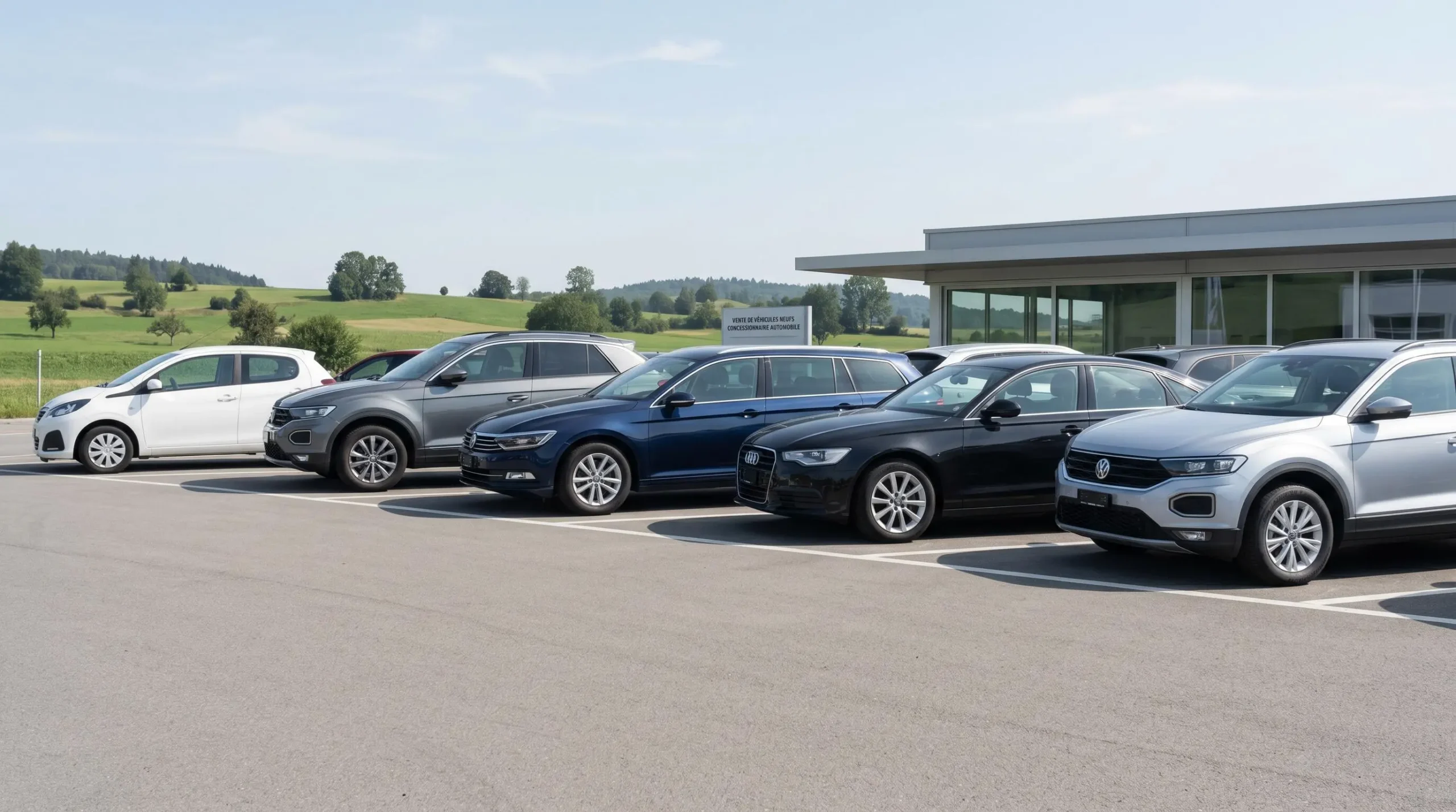 Alignement de véhicules de différentes catégories sur parking de concession automobile pour illustrer la diversité des compatibilités