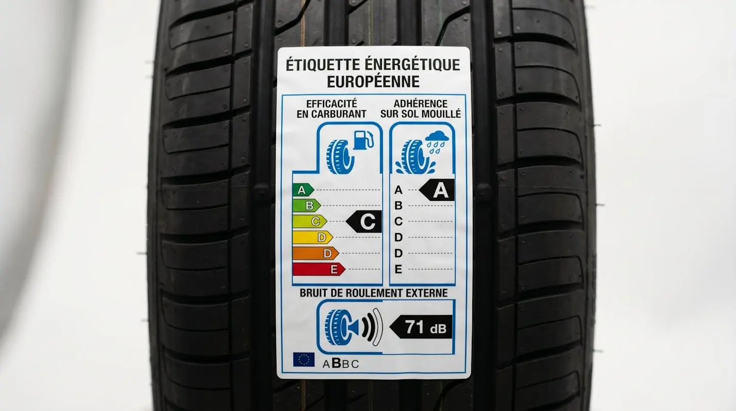 Étiquette énergétique européenne officielle sur pneu Laufenn montrant les indicateurs d'efficacité carburant, adhérence et bruit