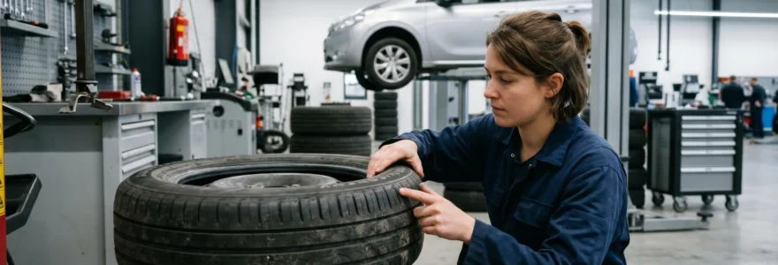 Technicien automobile en combinaison vérifiant les indices techniques sur un pneu Laufenn dans un garage moderne équipé